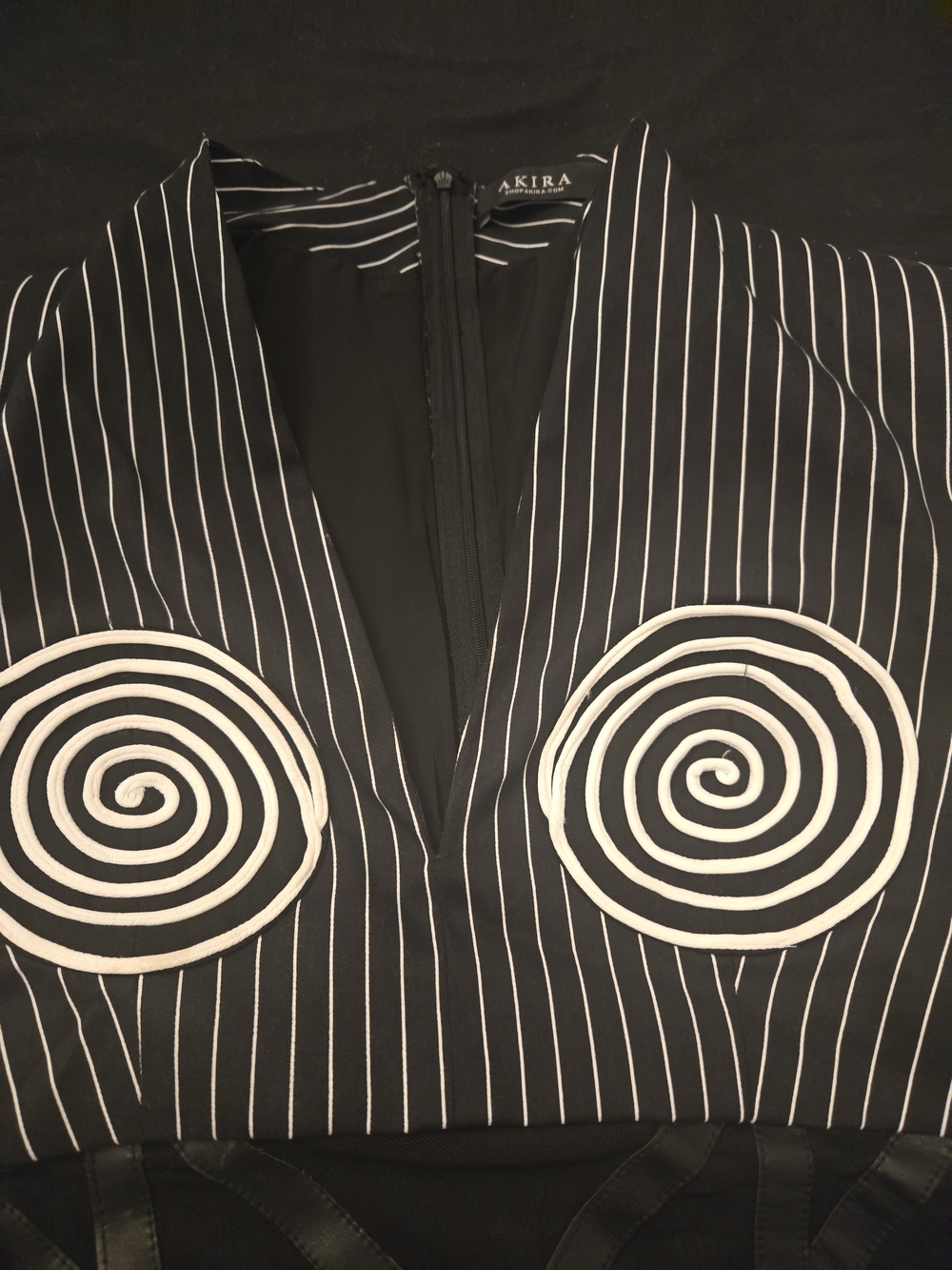 AKIRA Black Pinstripe Long Sleeve Bodysuit with White Spiral Appliqué - Picture 4 of 10